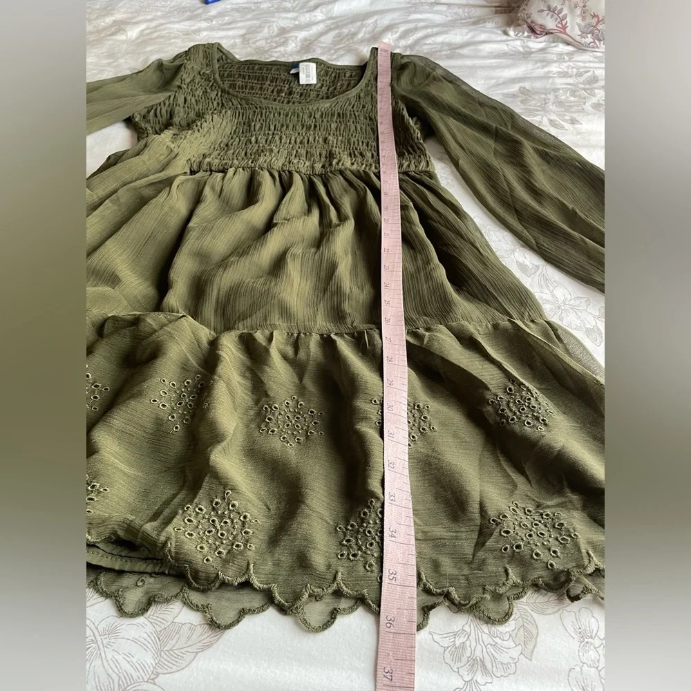NWT Old Navy Forest Green Smocked Eyelet Trim Tiered‎ Mini Dress Large Fairycore